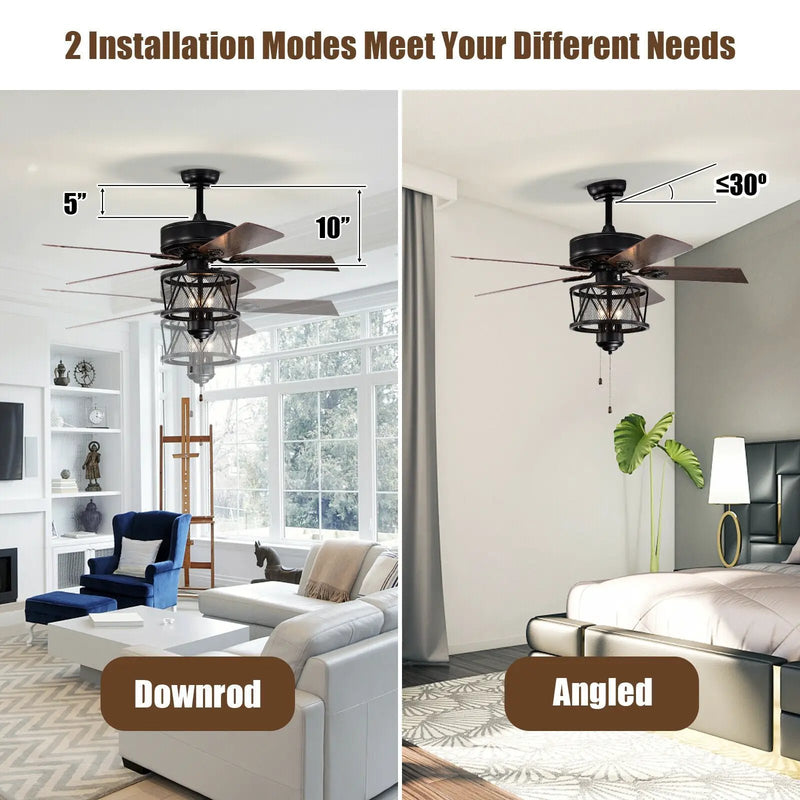 50 Inches Ceiling Fan with Lights Reversible Blades and Pull Chain Control-Black by DirectDeals