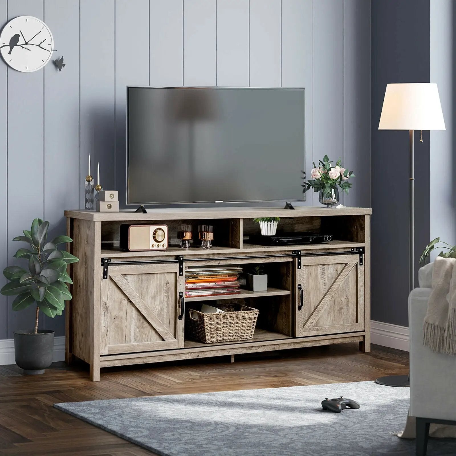 59 Inch Sliding Barn Door TV Stand with Adjustable Shelves for TVs up to 65 Inch by DirectDeals