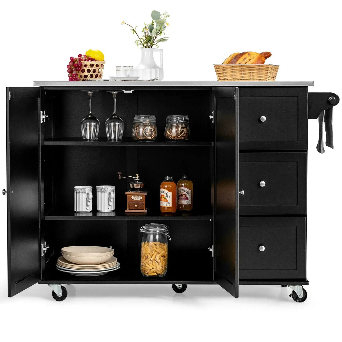 Kitchen Island 2-Door Storage Cabinet with Drawers and Stainless Steel Top, photo 18 of 24