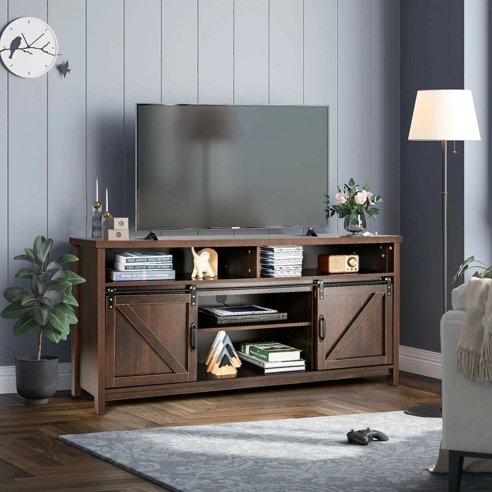 59 Inch Sliding Barn Door TV Stand with Adjustable Shelves for TVs up to 65 Inch by DirectDeals