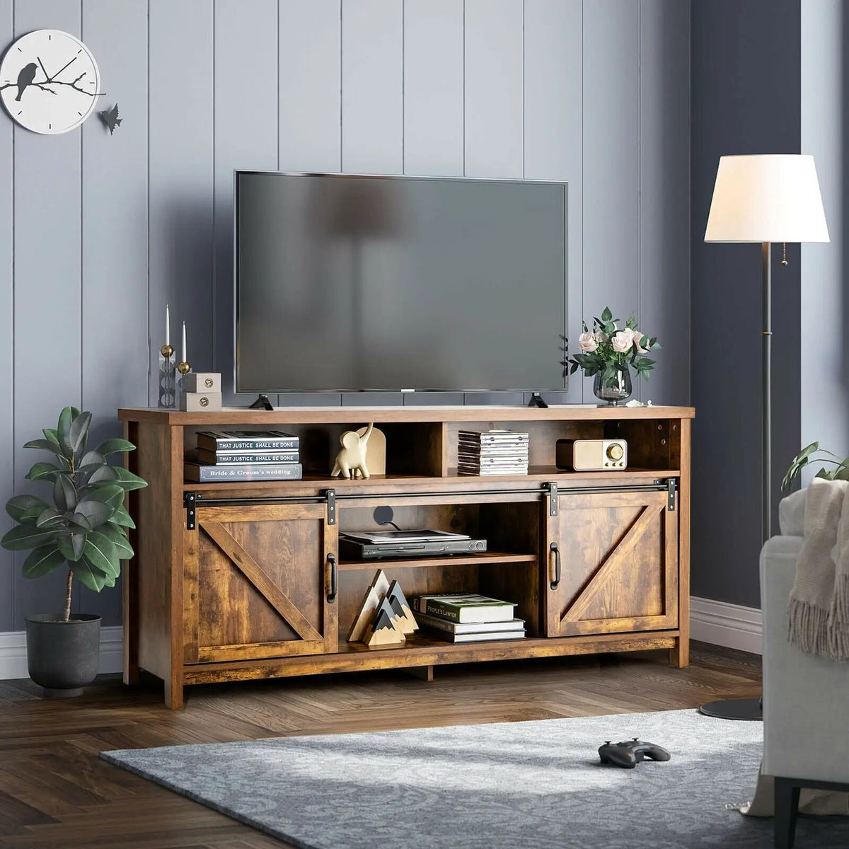 59 Inch Sliding Barn Door TV Stand with Adjustable Shelves for TVs up to 65 Inch, photo 14 of 24