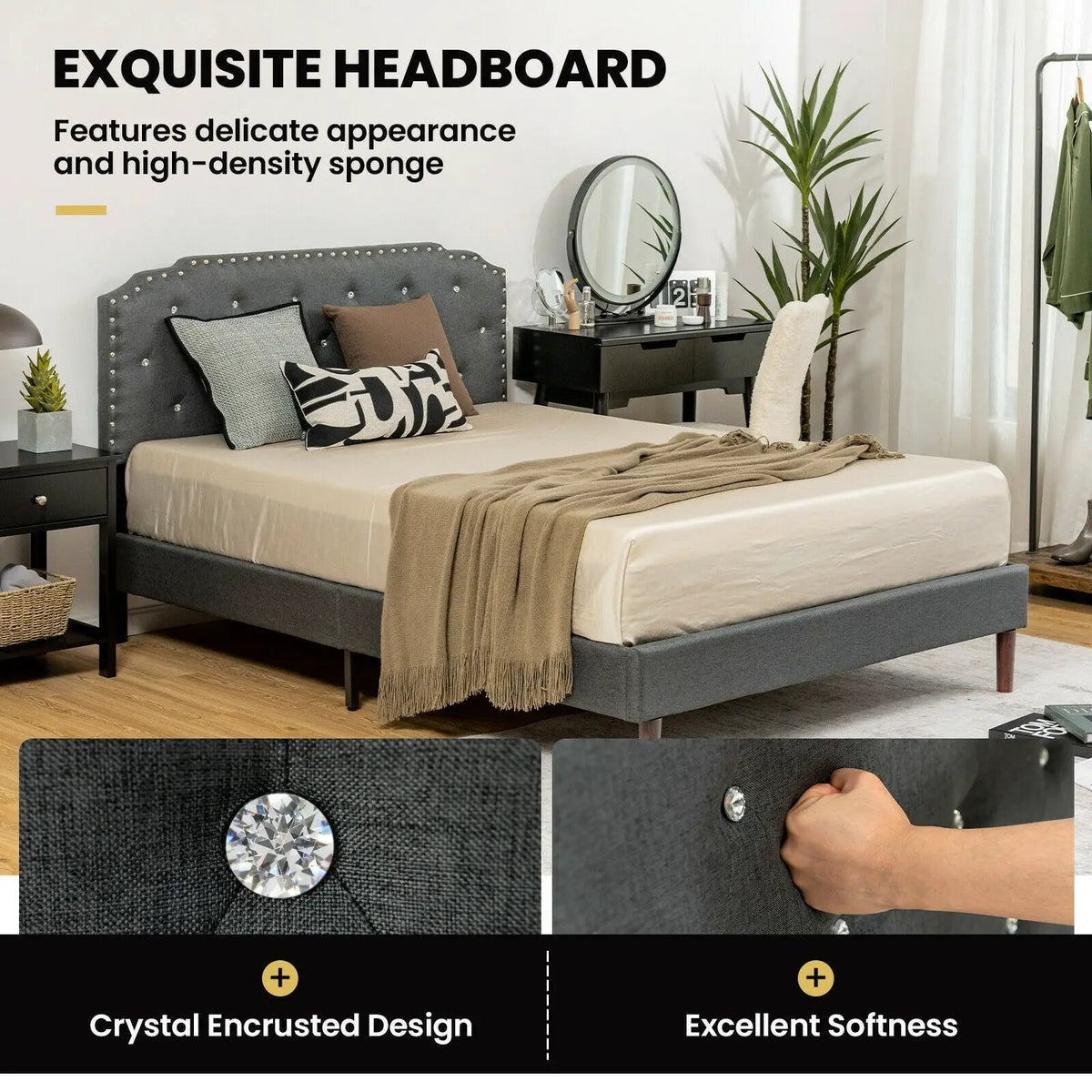 Upholstered Bed Frame with Adjustable Diamond Button Headboard, photo 5 of 9