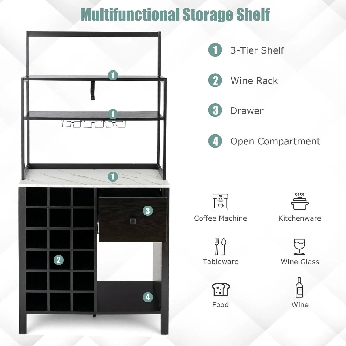 Kitchen Bakers Rack Freestanding Wine Rack Table with Glass Holder and Drawer, photo 5 of 9