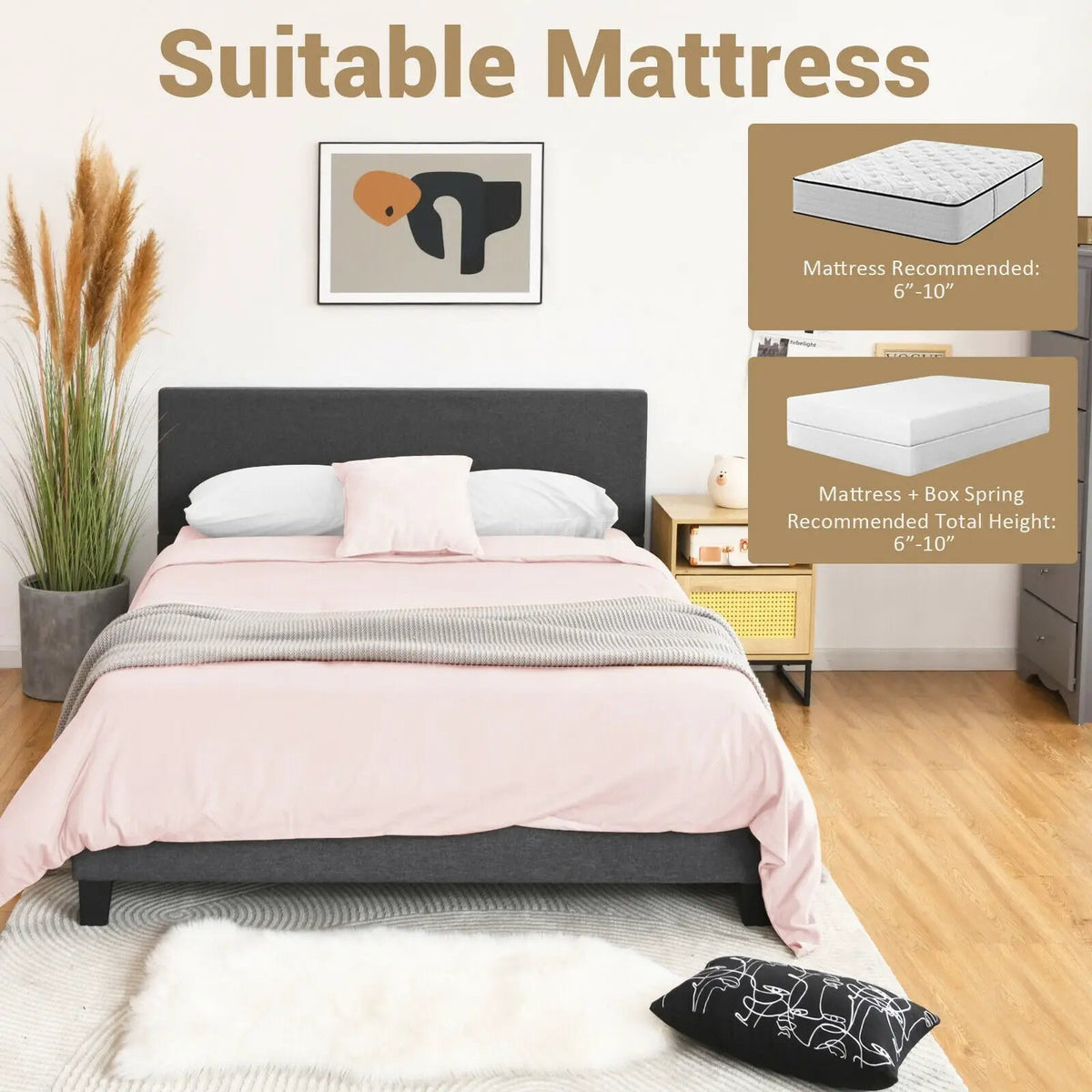 Full/Queen Size Upholstered Platform Bed Frame with Linen Headboard, photo 4 of 16