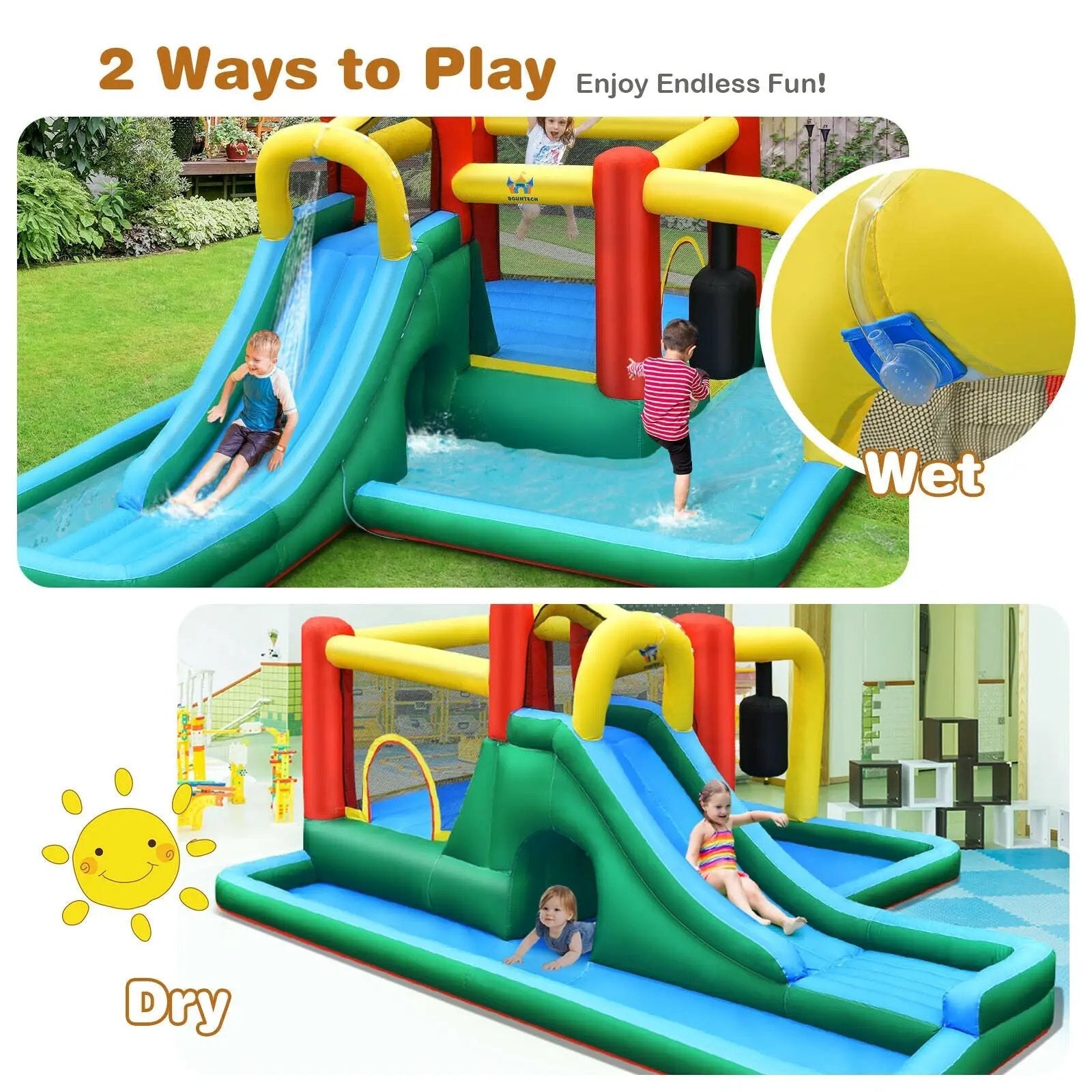 Inflatable Water Slide Climbing Bounce House with Tunnel and 735W Blower by DirectDeals