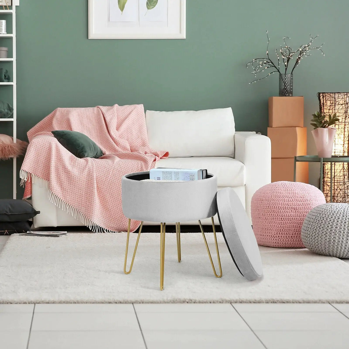 Round Velvet Storage Ottoman Footrest Stool Vanity Chair with Metal Legs, photo 18 of 24