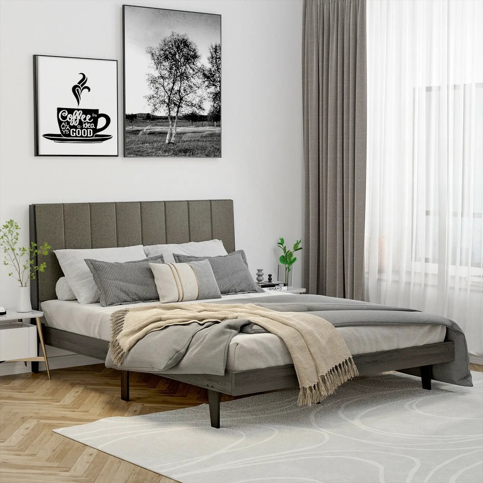 Queen Size Upholstered Bed Frame with Tufted Headboard by DirectDeals