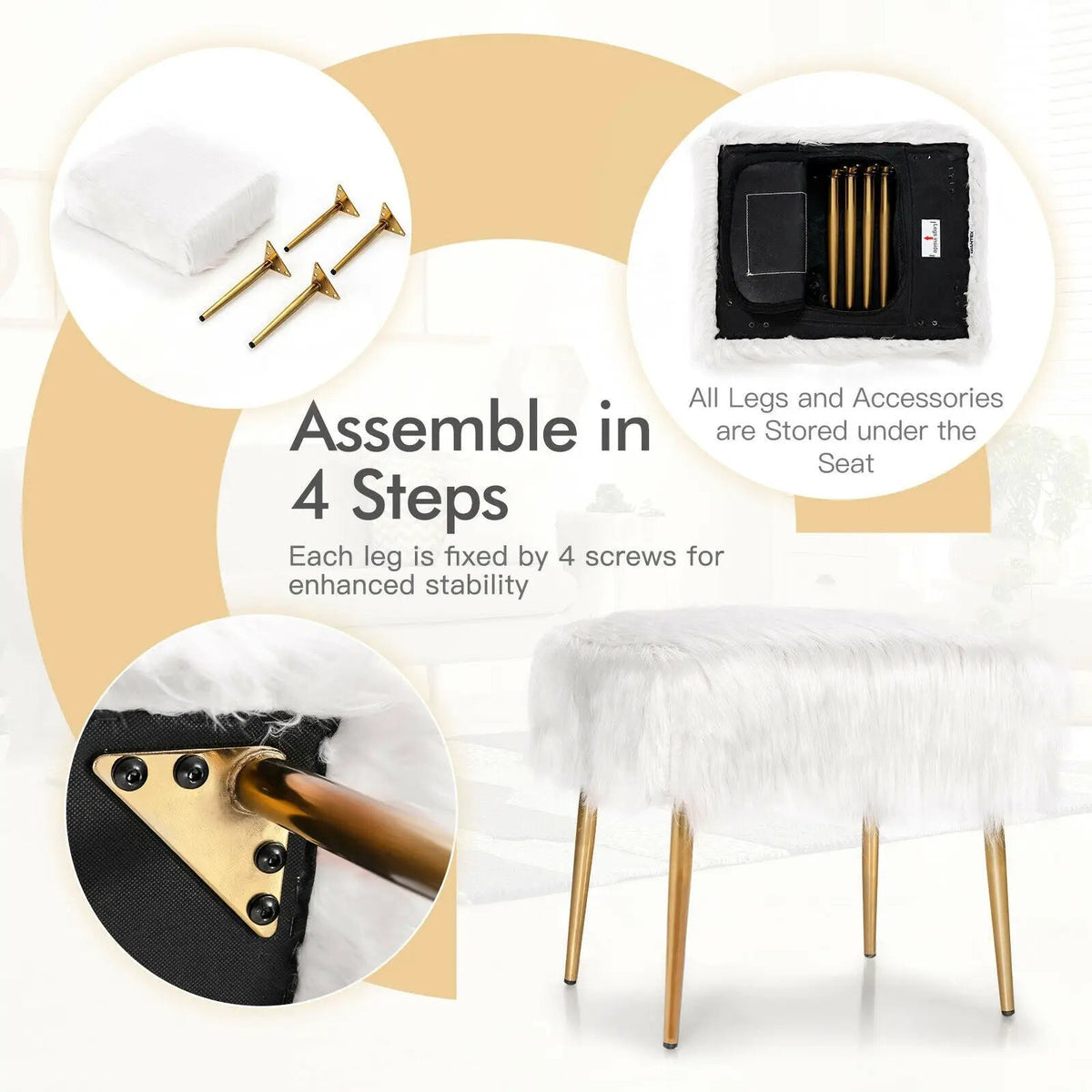 Faux Fur Vanity Stool with Golden Metal Legs for Makeup Room, photo 11 of 16