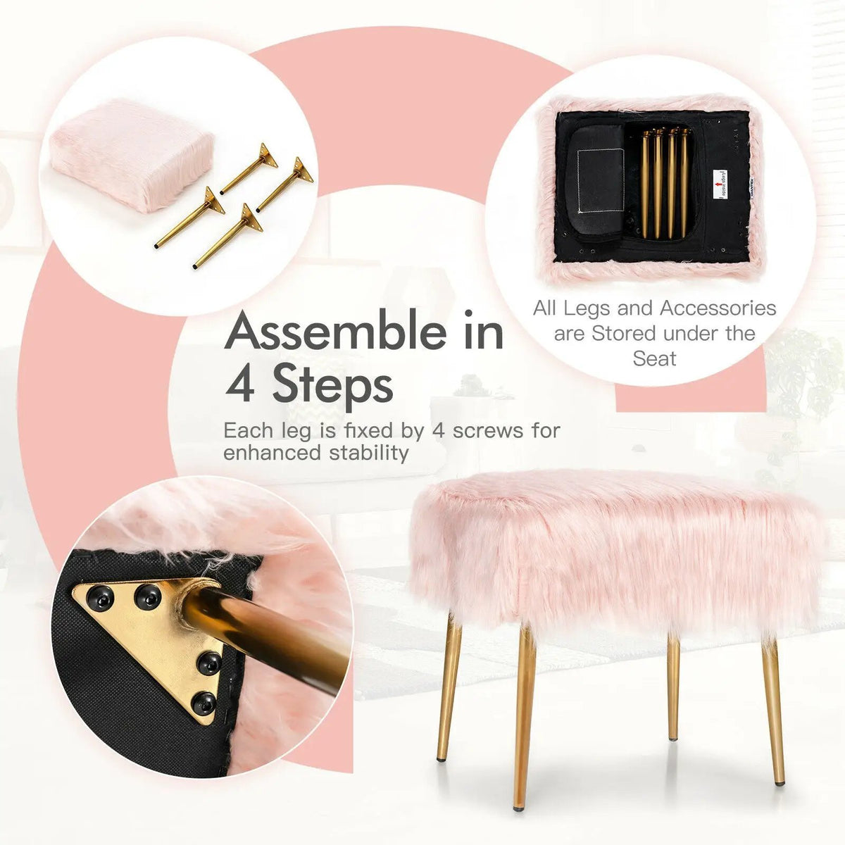 Faux Fur Vanity Stool with Golden Metal Legs for Makeup Room, photo 12 of 16