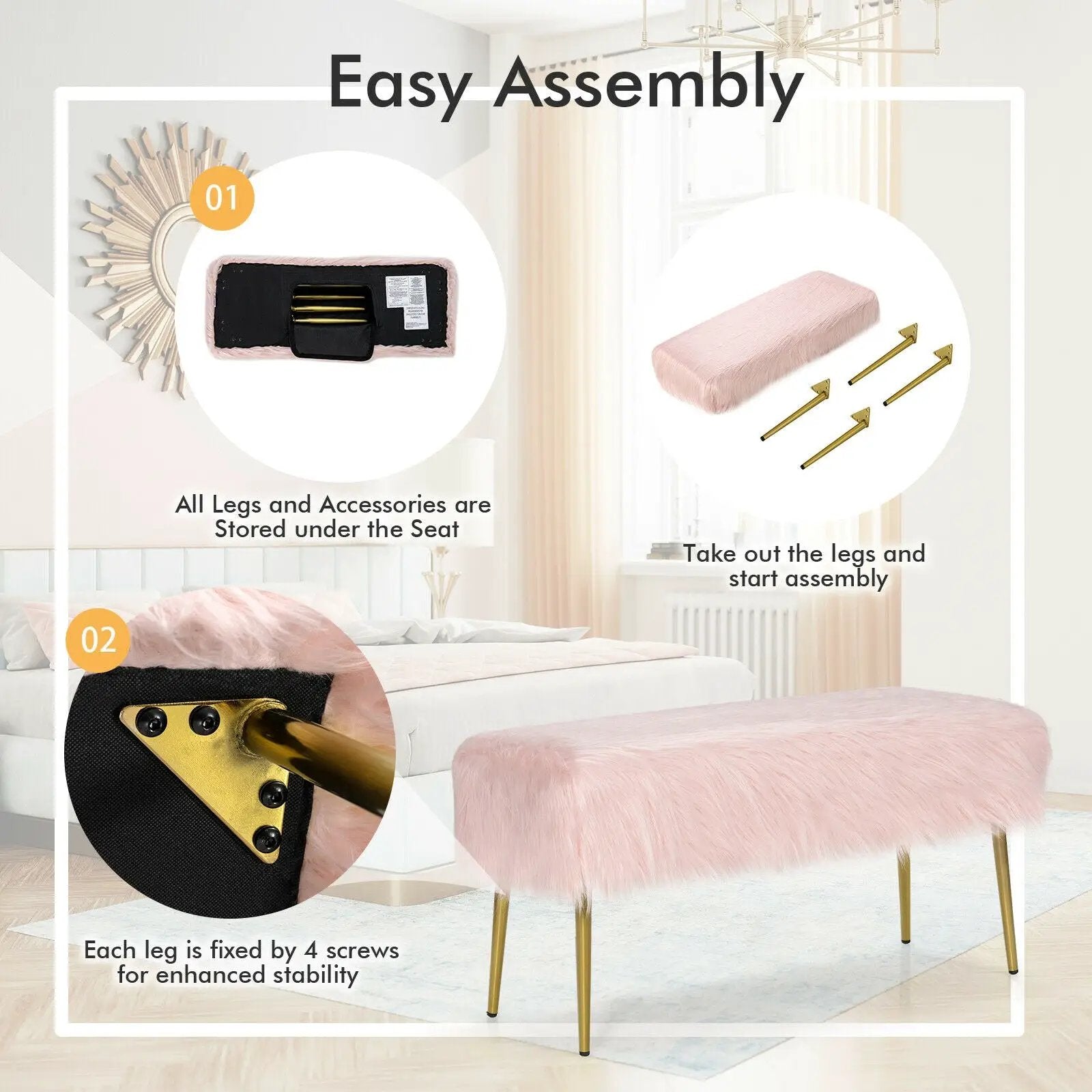 Upholstered Faux Fur Vanity Stool with Golden Legs for Makeup Room by DirectDeals