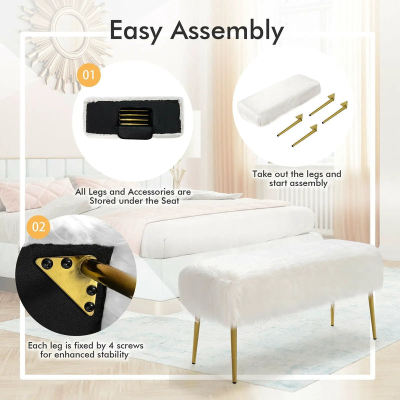 Upholstered Faux Fur Vanity Stool with Golden Legs for Makeup Room by DirectDeals