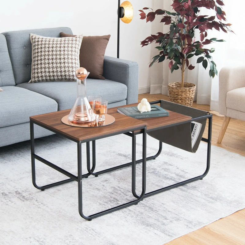 Set of 2 Nesting Coffee Tables with Side Pocket for Living Room Bedroom-Rustic Brown by DirectDeals