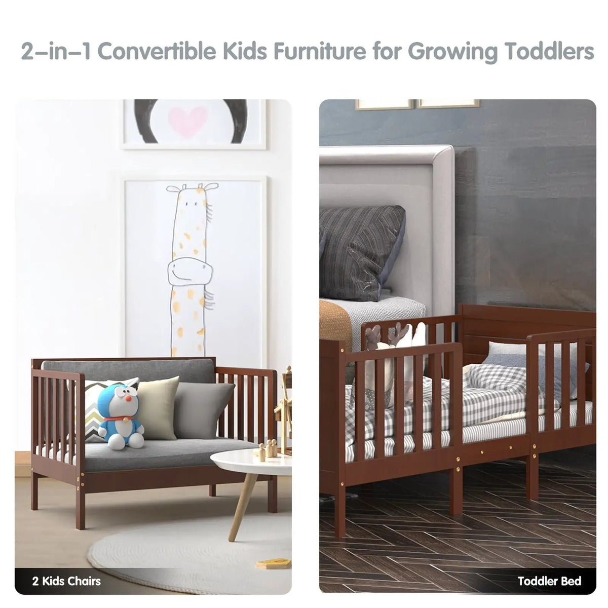 2-in-1 Convertible Kids Wooden Bedroom Furniture with Guardrails, photo 5 of 9
