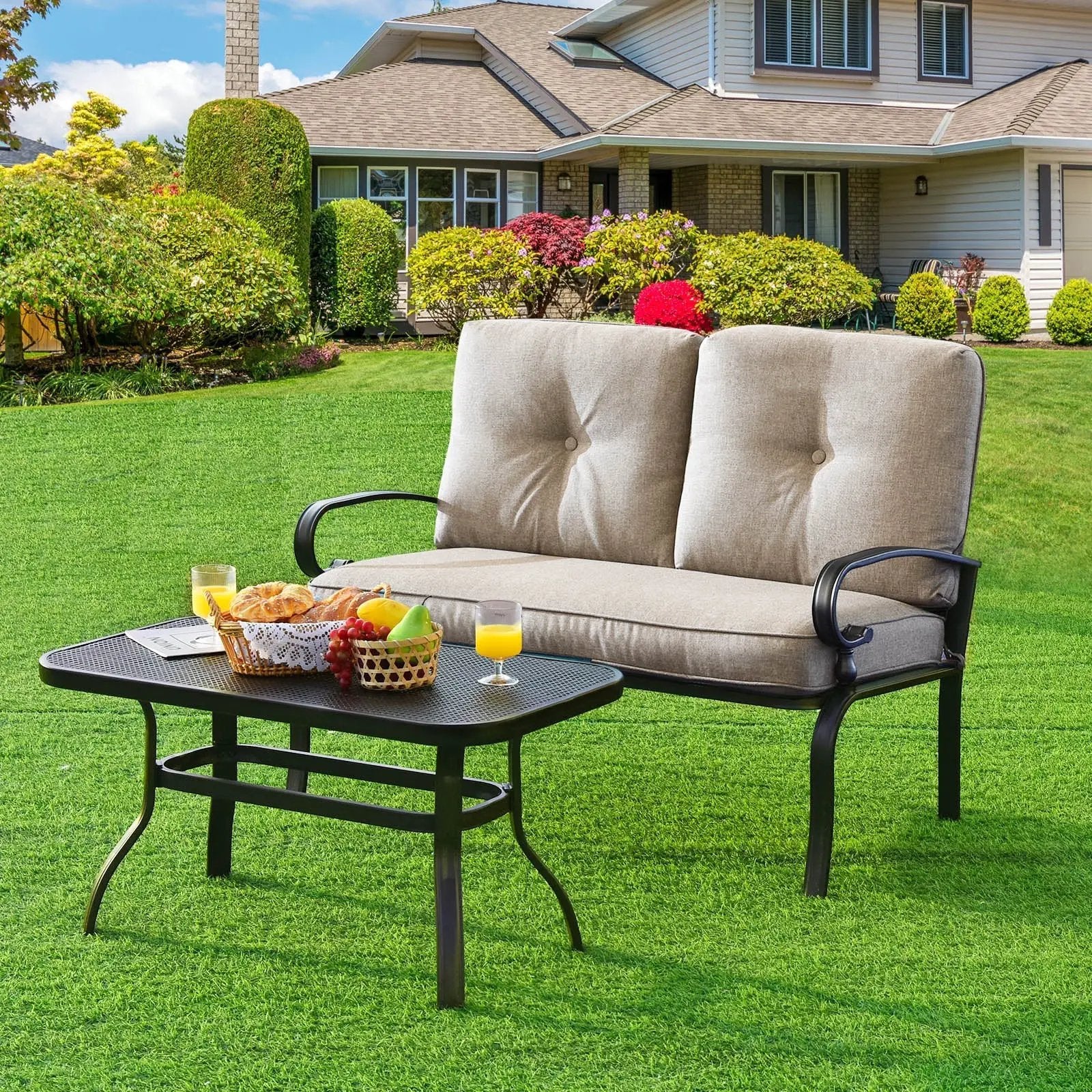 2 Pieces Patio Loveseat Bench Table Furniture Set with Cushioned Chair-Blue by DirectDeals