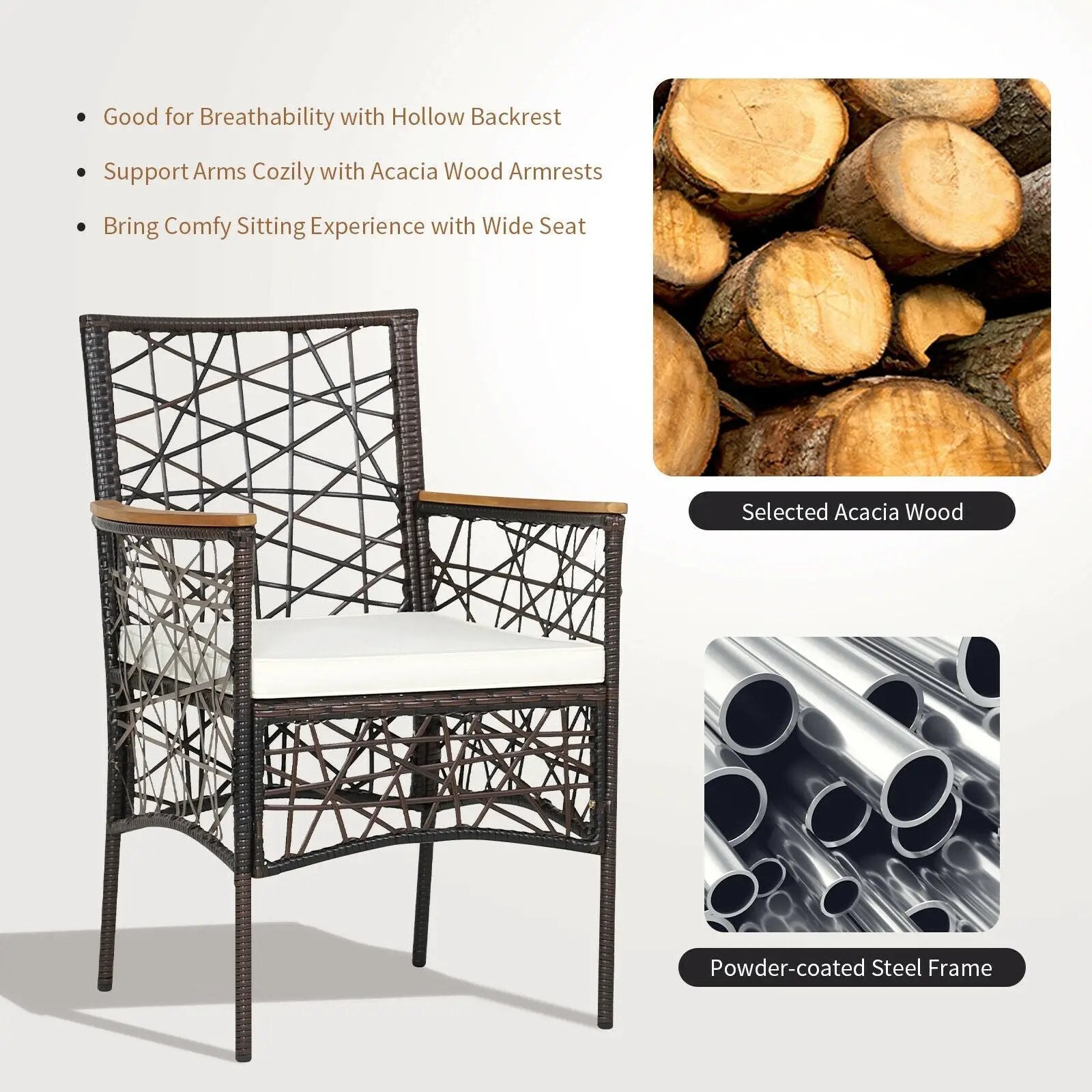 2 Pieces PE Wicker Patio Bistro Dining Chairs with Acacia Wood Armrests and Cushions by DirectDeals