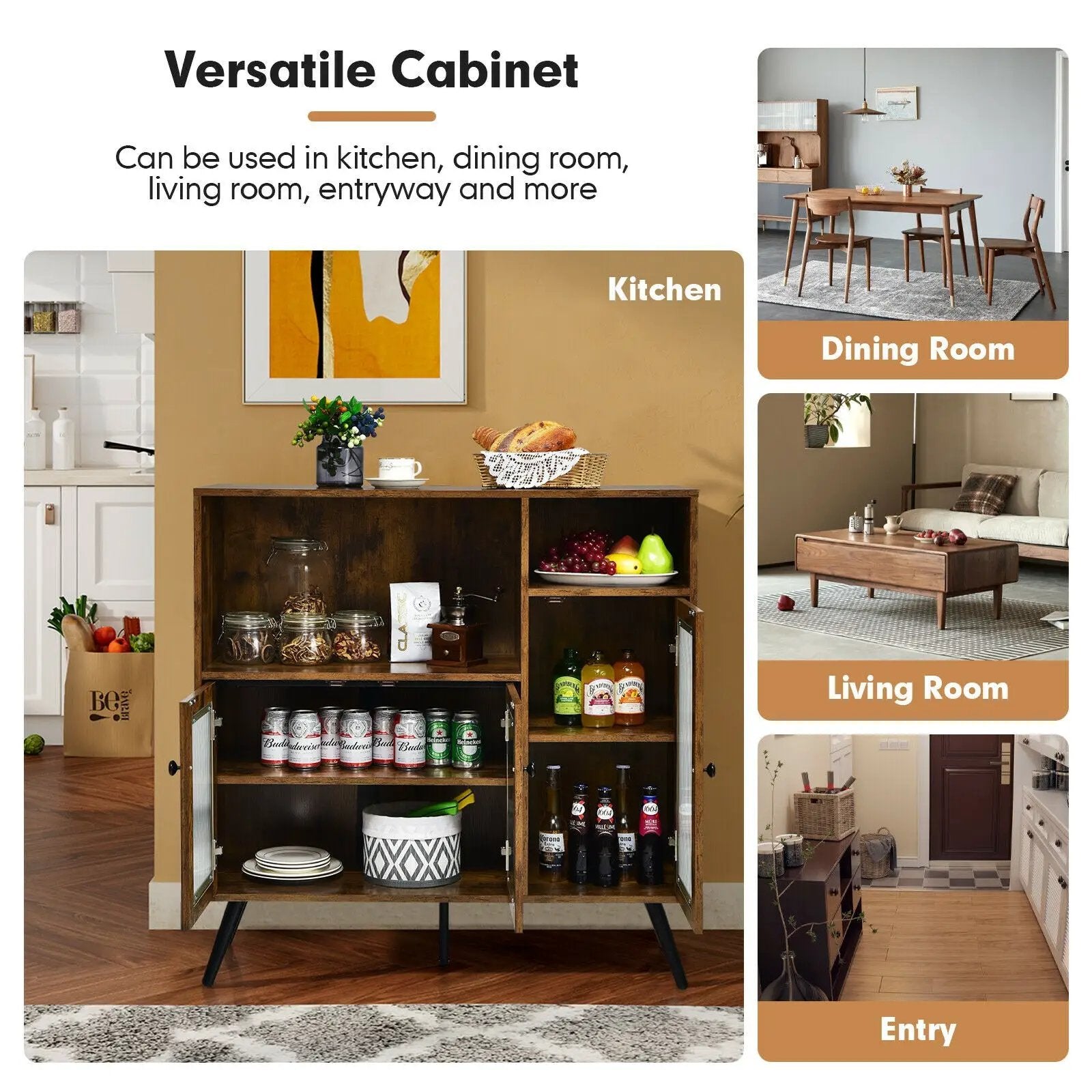 Buffet Kitchen Storage Cupboard with Glass Door and Adjustable Shelves-Rustic Brown by DirectDeals