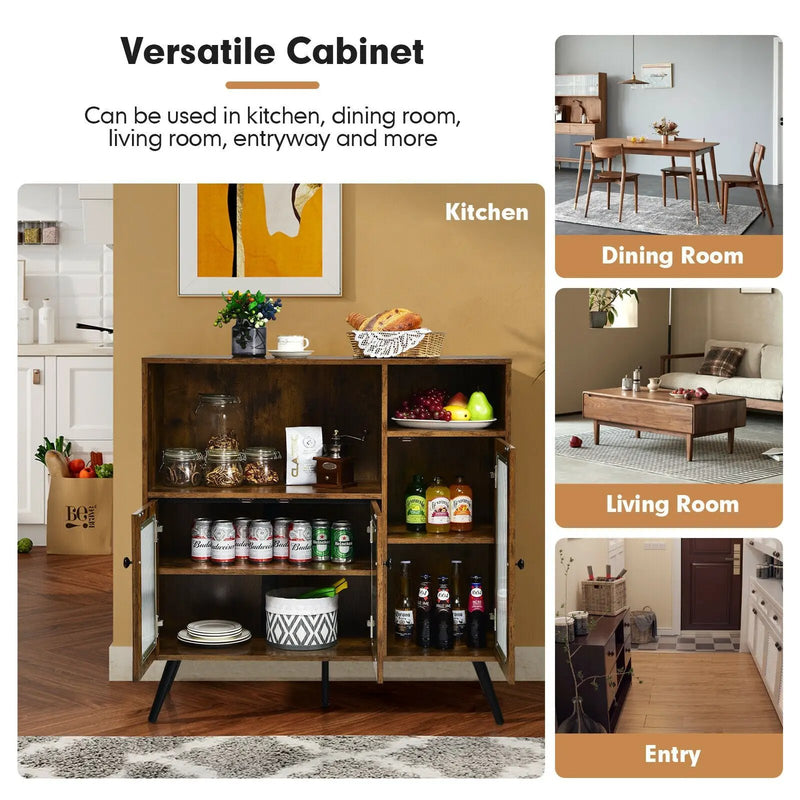 Buffet Kitchen Storage Cupboard with Glass Door and Adjustable Shelves-Rustic Brown by DirectDeals