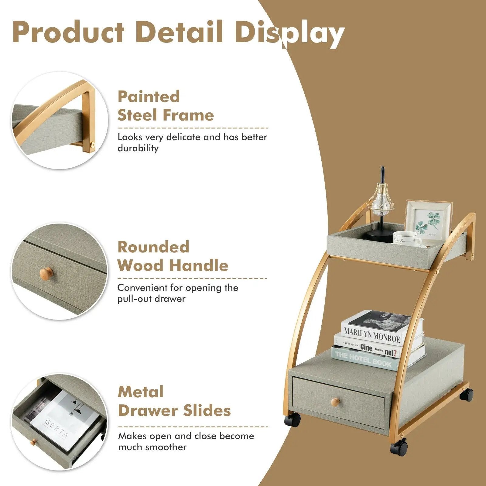 Modern 2-Tier Rolling End Table with Tray Top and Pull-Out Drawer-Gray by DirectDeals