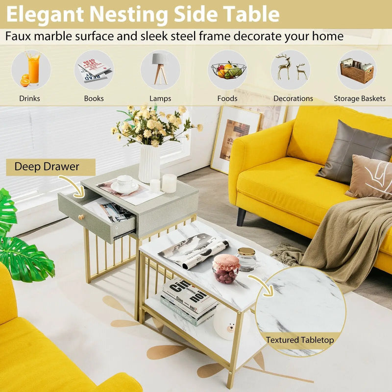 2 Pieces Modern Nesting Coffee Table Set with Drawer and Shelf-White by DirectDeals