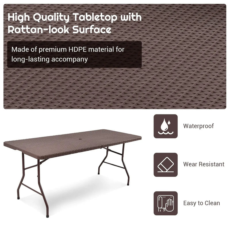 6 Feet Folding Portable Rattan Table with Carrying Handle by DirectDeals
