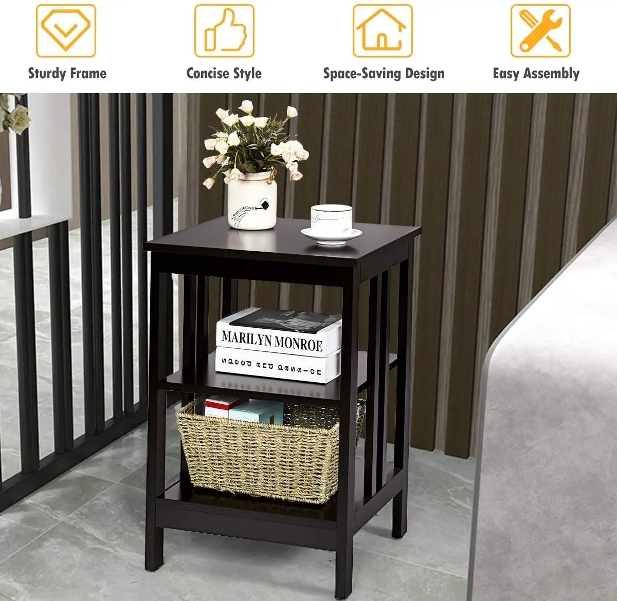 2 Pieces 3-Tier Nightstand with Reinforced Bars and Stable Structure, photo 22 of 32