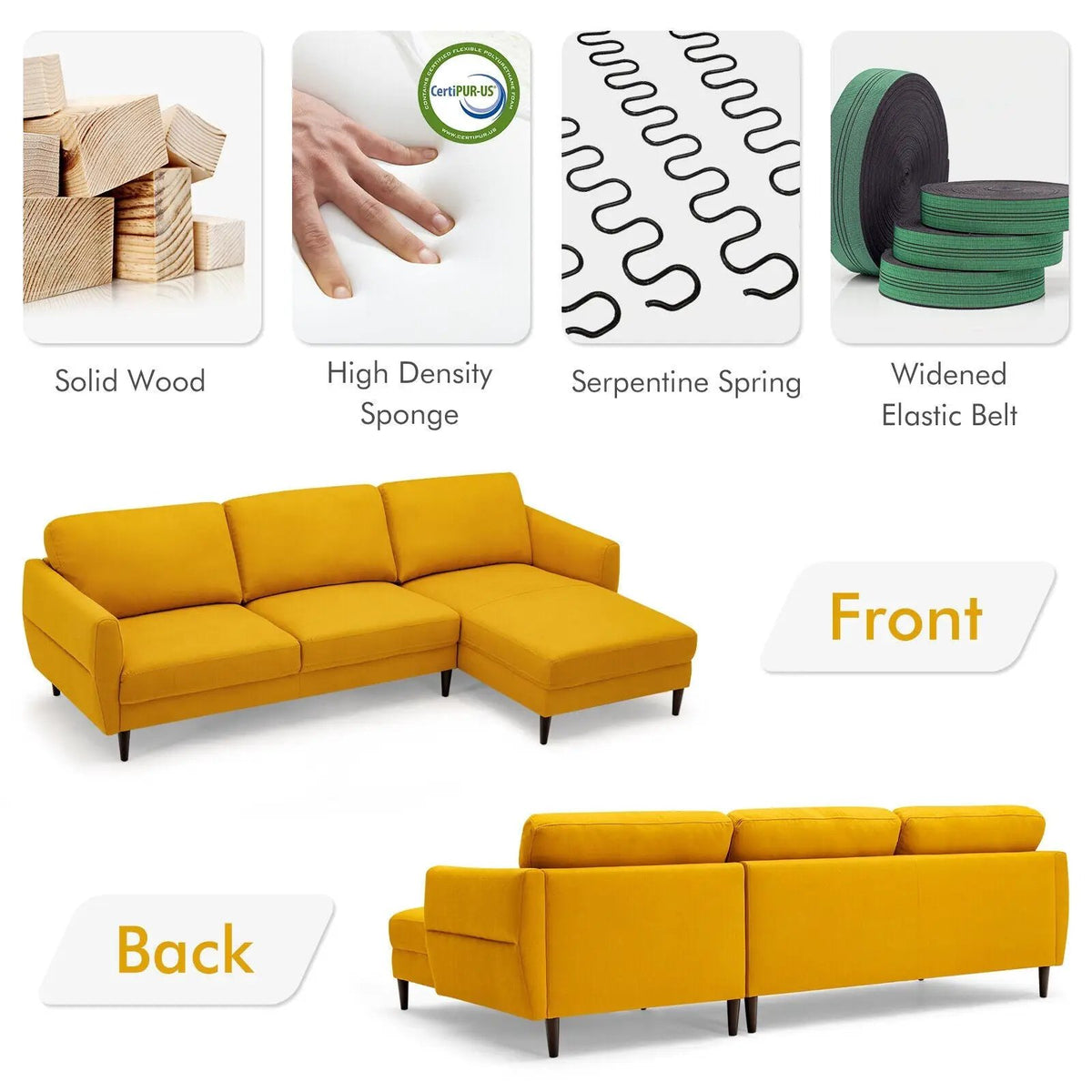 L-Shaped Fabric Sectional Sofa with Chaise Lounge and Solid Wood Legs, photo 8 of 16