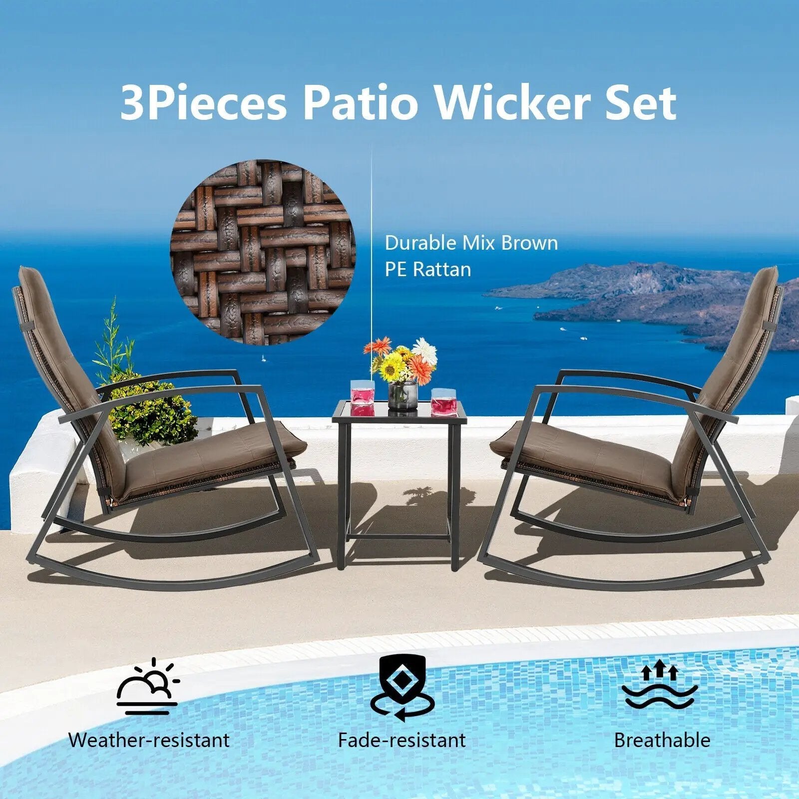 3 Pieces Patio Rattan Rocking Furniture Set by DirectDeals