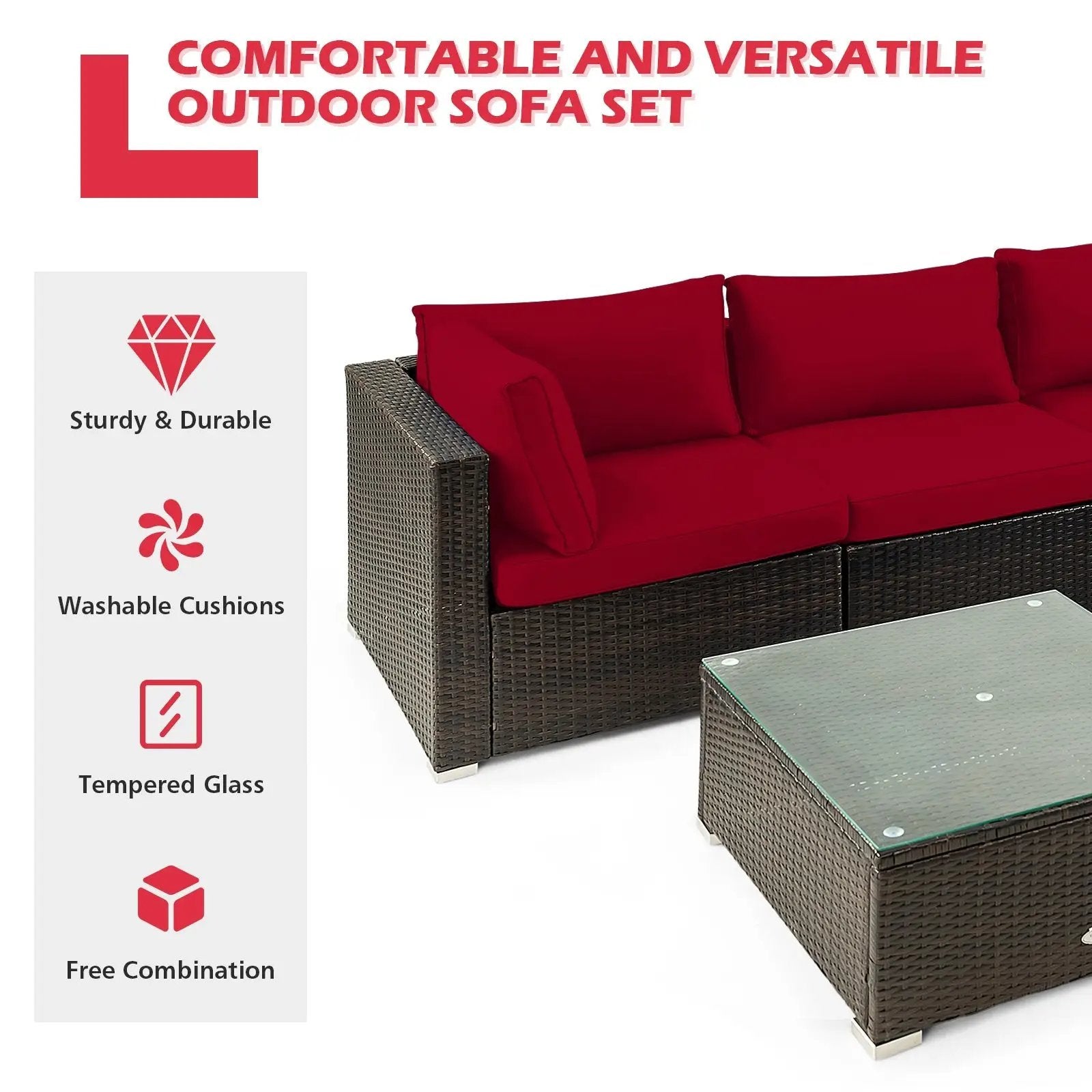 5 Pieces Cushioned Patio Rattan Furniture Set with Glass Table by DirectDeals