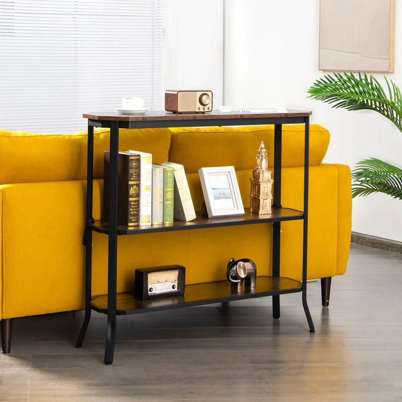 3-Tier Steel Frame Entryway Sofa Console Table for Hallway and Living Room-Rustic Brown by DirectDeals
