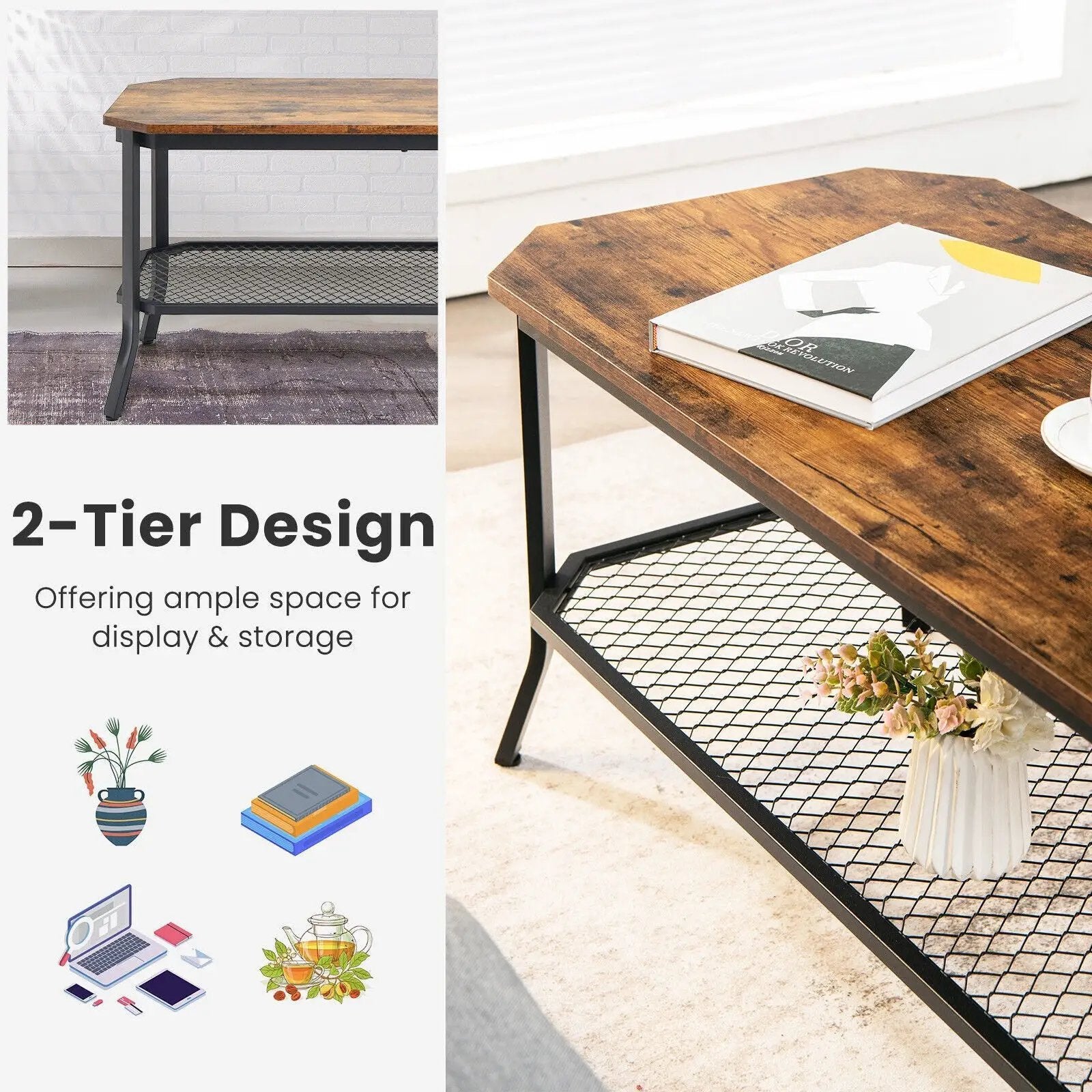 2-Tier Industrial Coffee Table with Open Mesh Storage Shelf for Living Room-Rustic Brown by DirectDeals