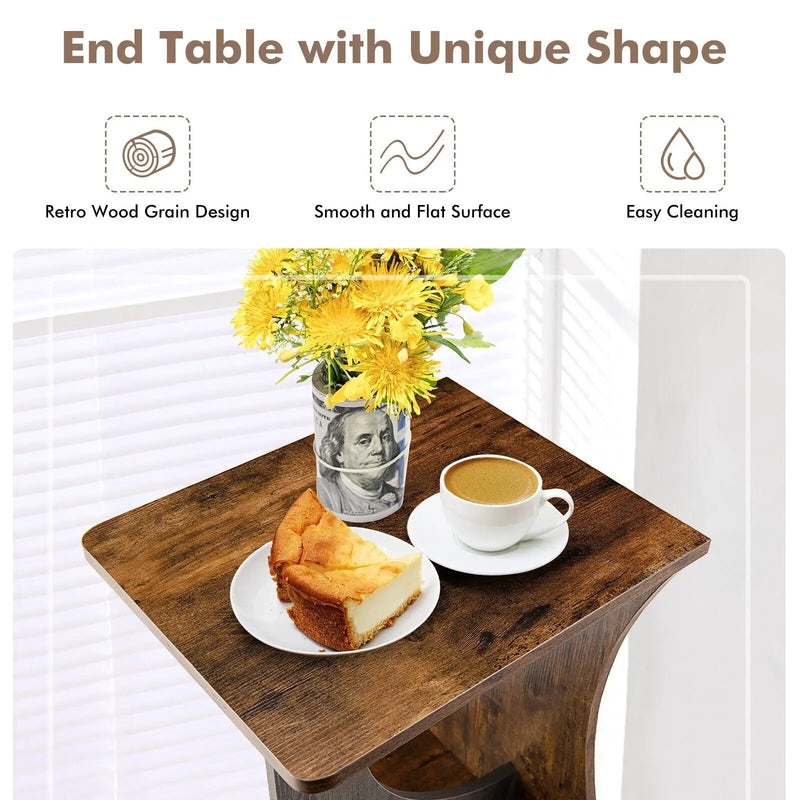 2-Tier Compact C-shape Sofa Side Table-Rustic Brown by DirectDeals