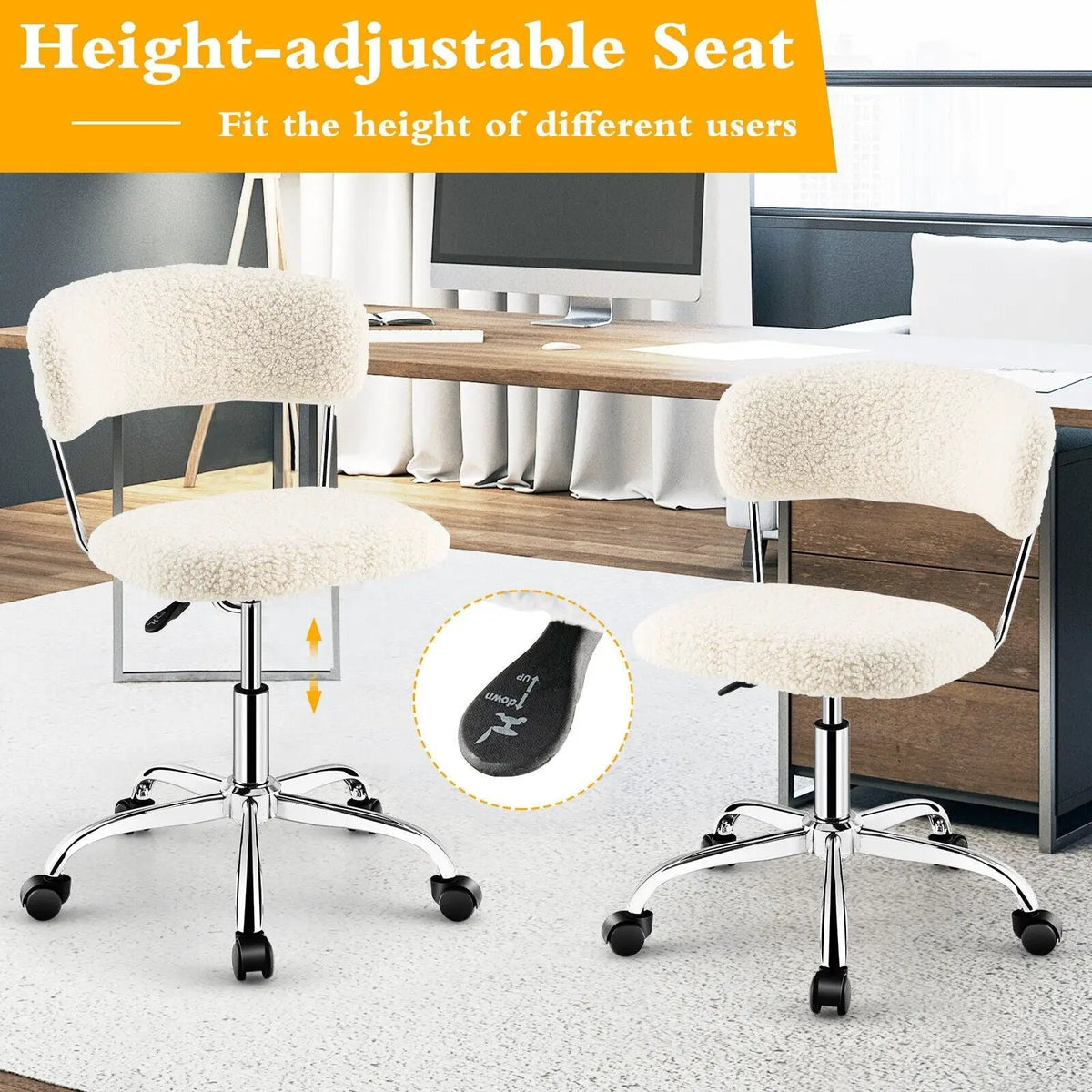 Computer Desk Chair Adjustable Sherpa Office Chair Swivel Vanity Chair, photo 6 of 9