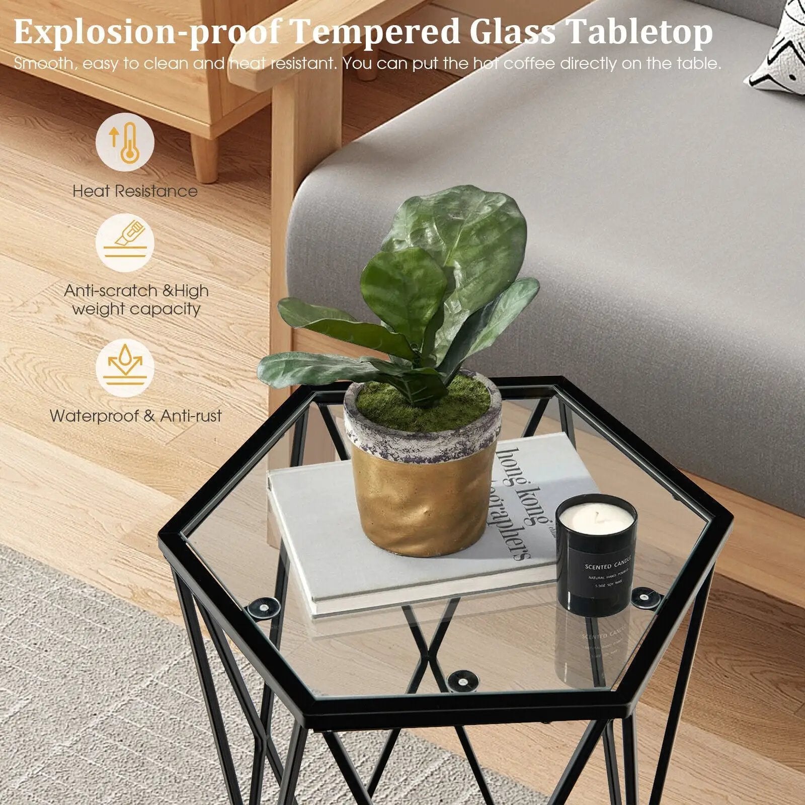 Hexagonal Accent End Table with Tempered Glass Top and Metal Frame by DirectDeals