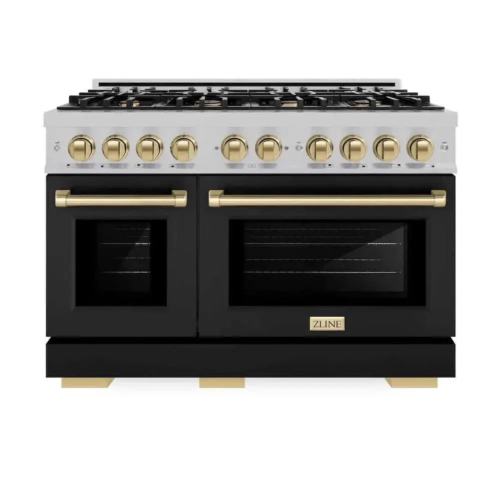 ZLINE 48" Select Dual Fuel Range Gas Cooktop Electric Convection Oven DuraSnow® Stainless Steel Black Matte Door Champagne Bronze HDRSZ-BLM-48-CB by Farmhouse Kitchen and Bath