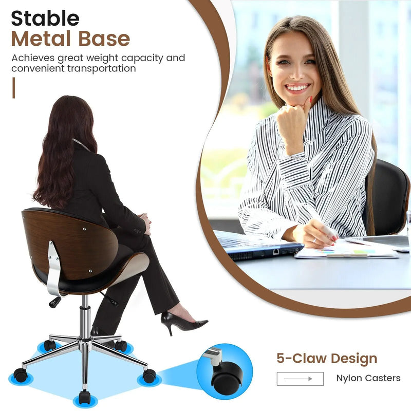Adjustable Leather Office Chair Swivel Bentwood Desk Chair with Curved Seat-Black by DirectDeals