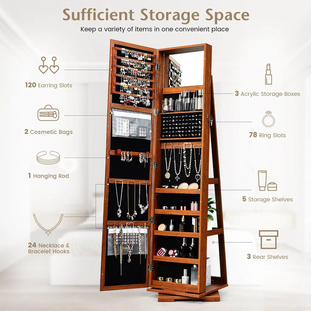 360° Rotatable 2-in-1 Lockable Jewelry Cabinet with Full-Length Mirror, photo 7 of 17