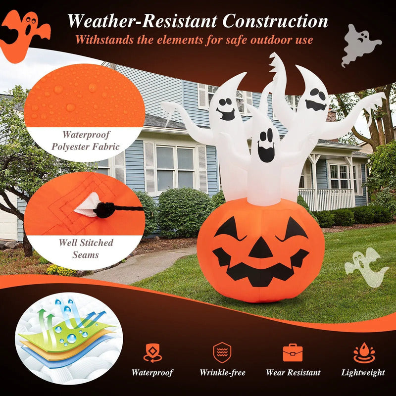 6 Feet Inflatable Halloween Ghosts with Pumpkin Decor and Rotating Lamp by DirectDeals