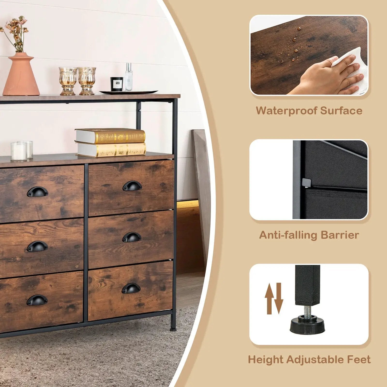 2-Tier Storage Chest with Wooden Top and 6 Fabric Drawers-Rustic Brown by DirectDeals