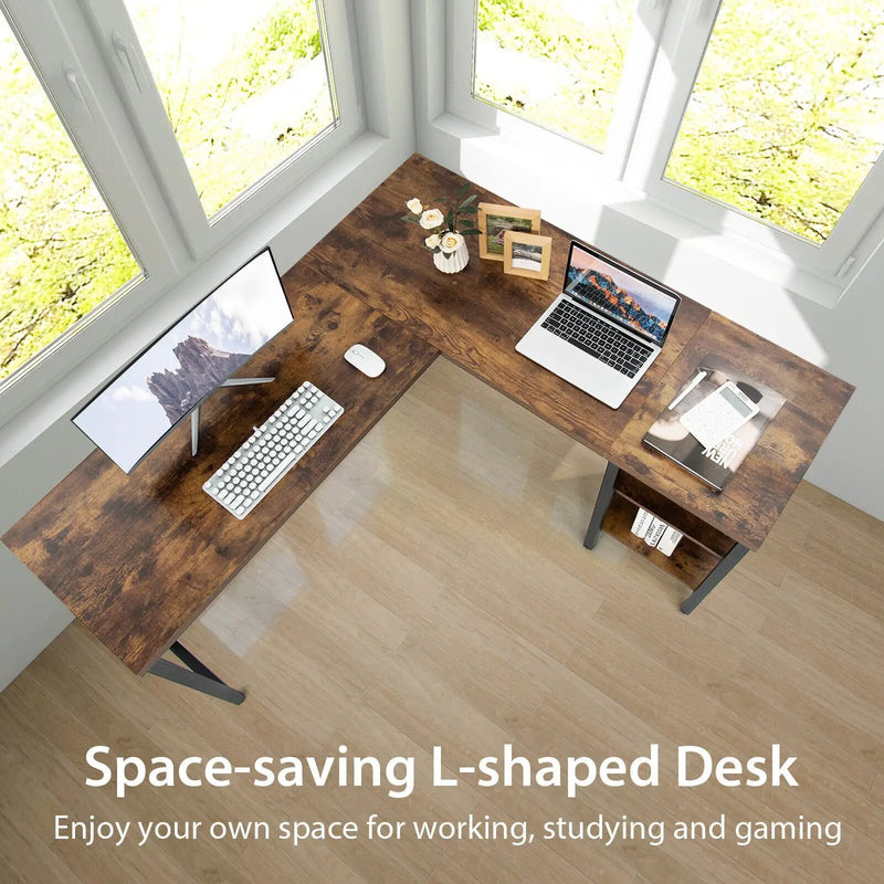 Industrial L-Shaped Corner Computer Desk Office Workstation with Storage Shelves by DirectDeals