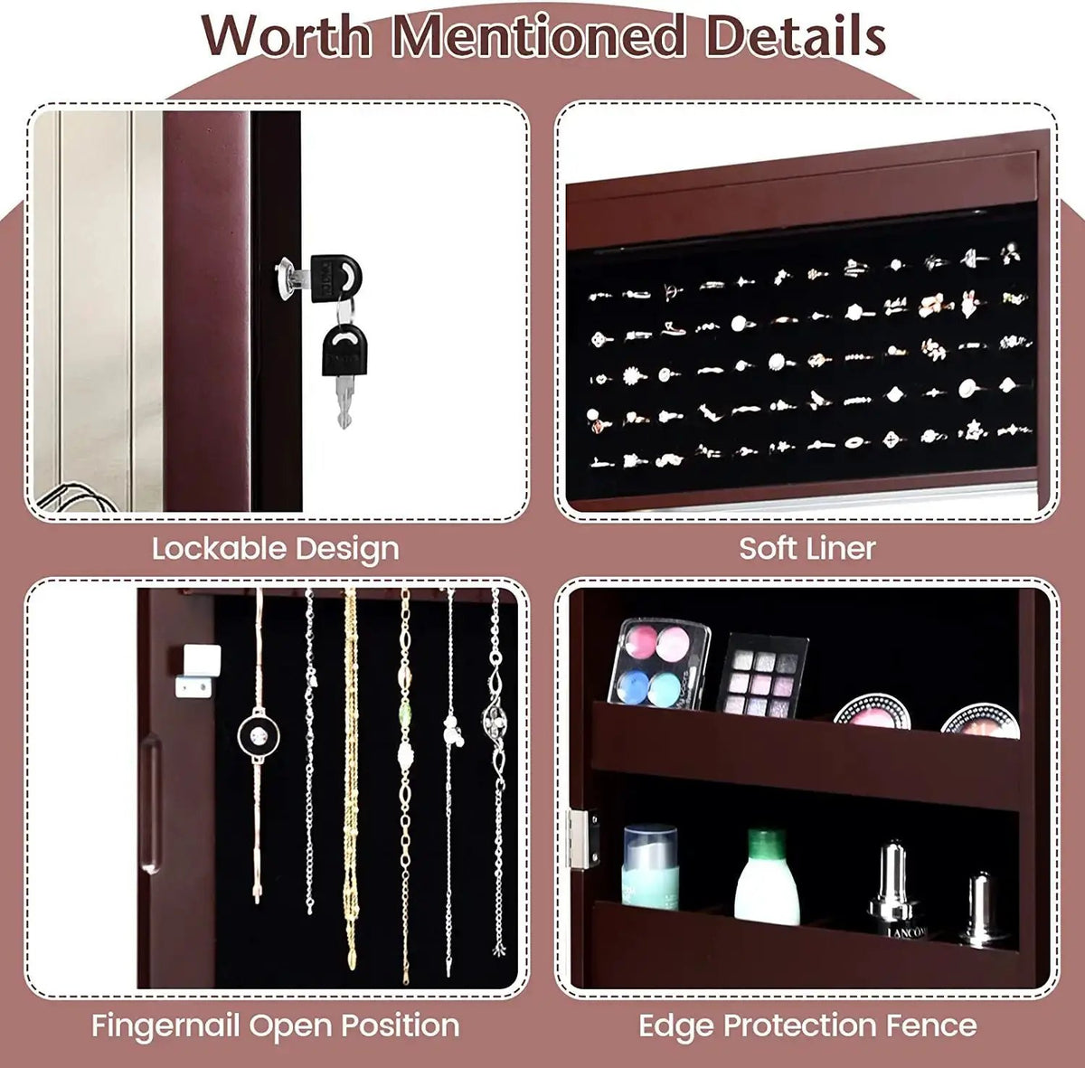 Lockable Wall Door Mounted Mirror Jewelry Cabinet w/LED Lights, photo 7 of 10