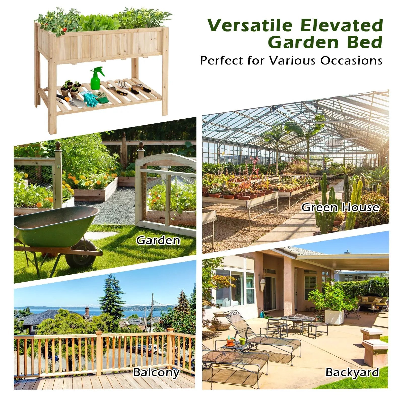47 Inch Wooden Raised Garden Bed with Bottom Shelf and Bed Liner by DirectDeals