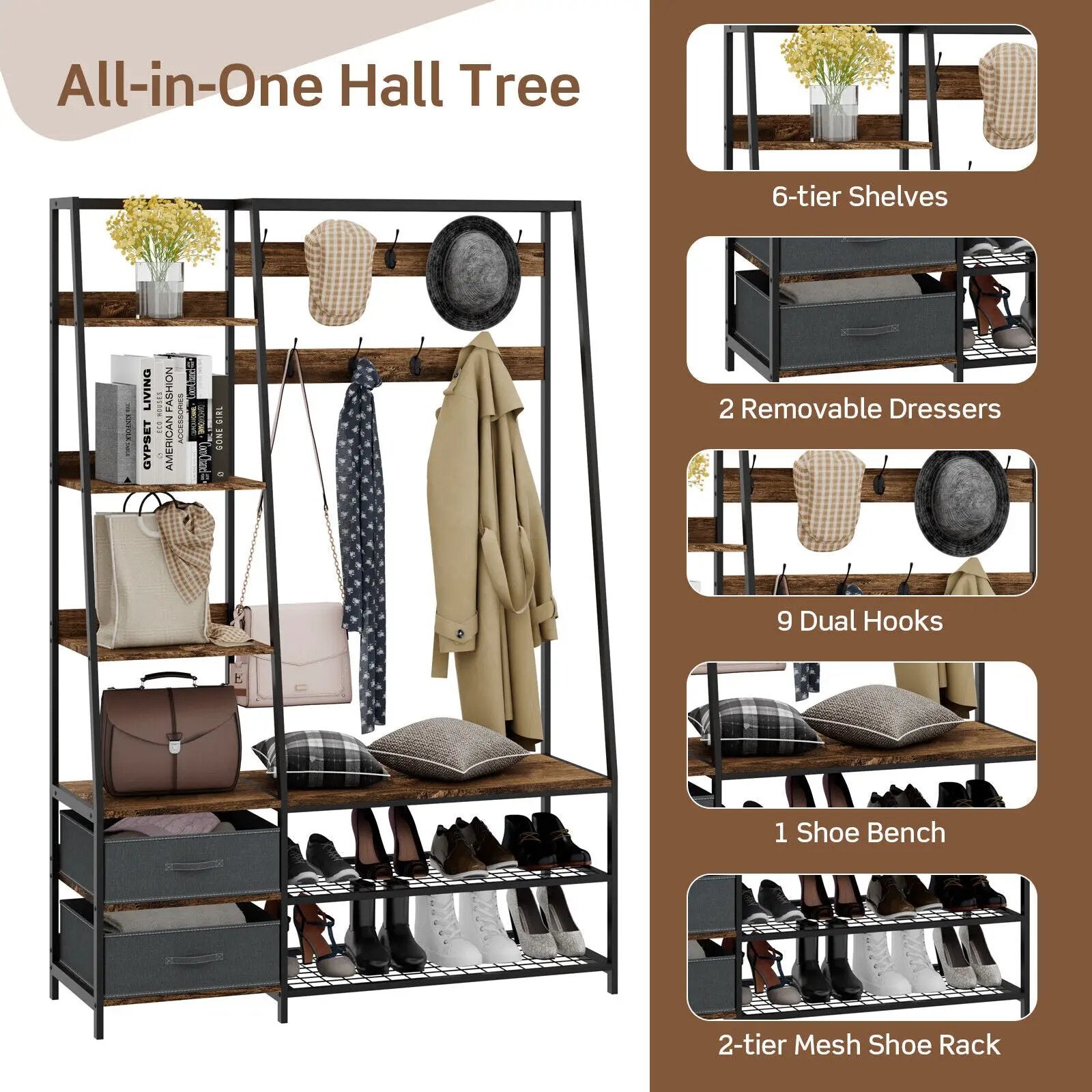 6-in-1 Freestanding Hall Tree Coat Rack with Bench and Fabric Dressers-Rustic Brown by DirectDeals