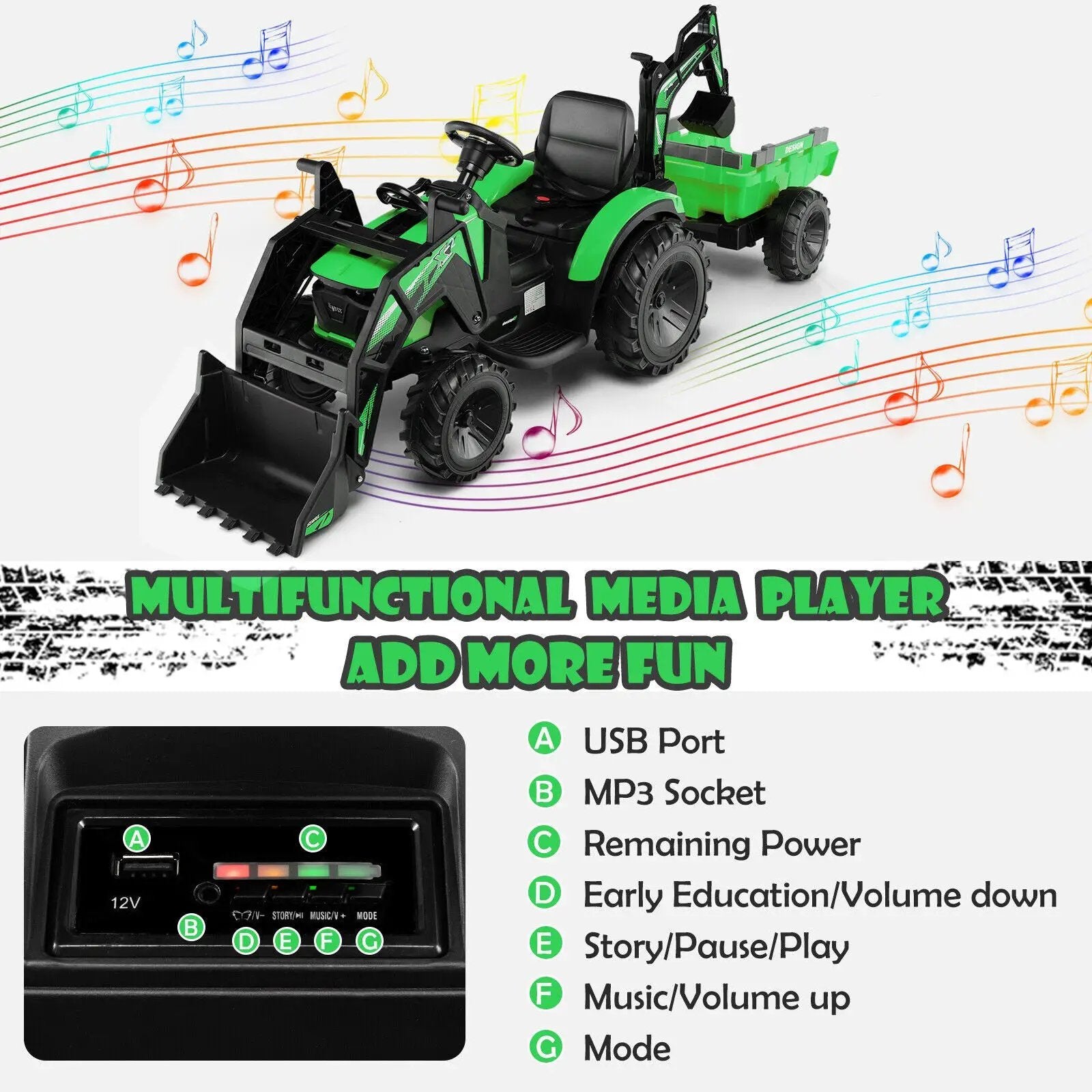 12V 3 in 1 Kids Ride On Excavator with Shovel Bucket and Music by DirectDeals