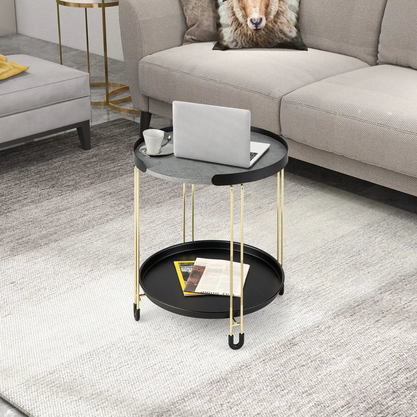 2-Tier Round Side Table with Removable Tray and Metal Frame for Small Space-Golden by DirectDeals