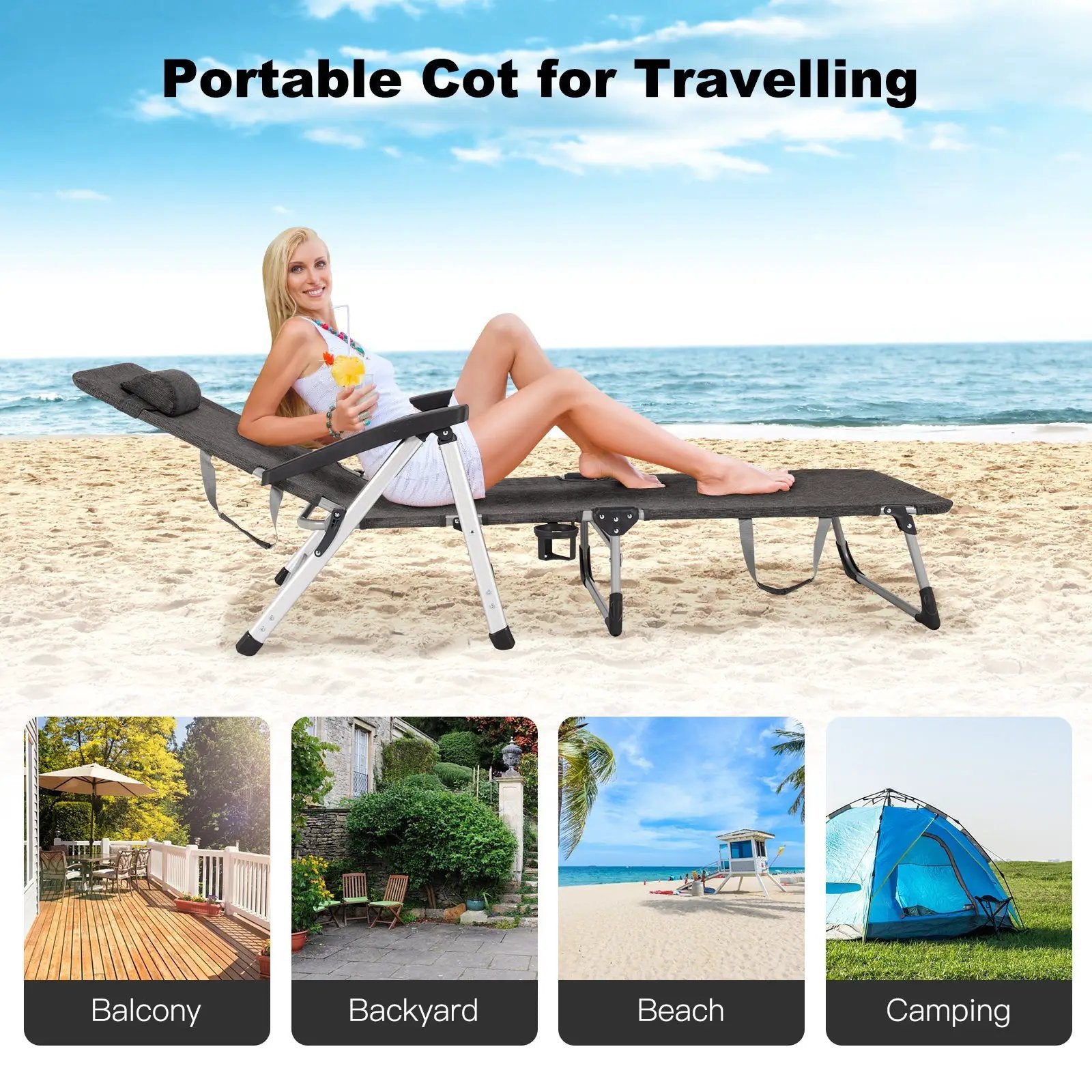 Beach Folding Chaise Lounge Recliner with 7 Adjustable Position by DirectDeals