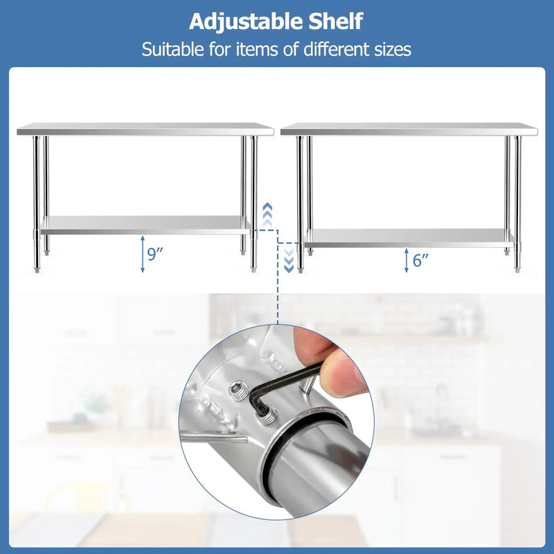 24 x 60 Inches Stainless Steel Kitchen Prep Work Table with Adjustable Undershelf by DirectDeals