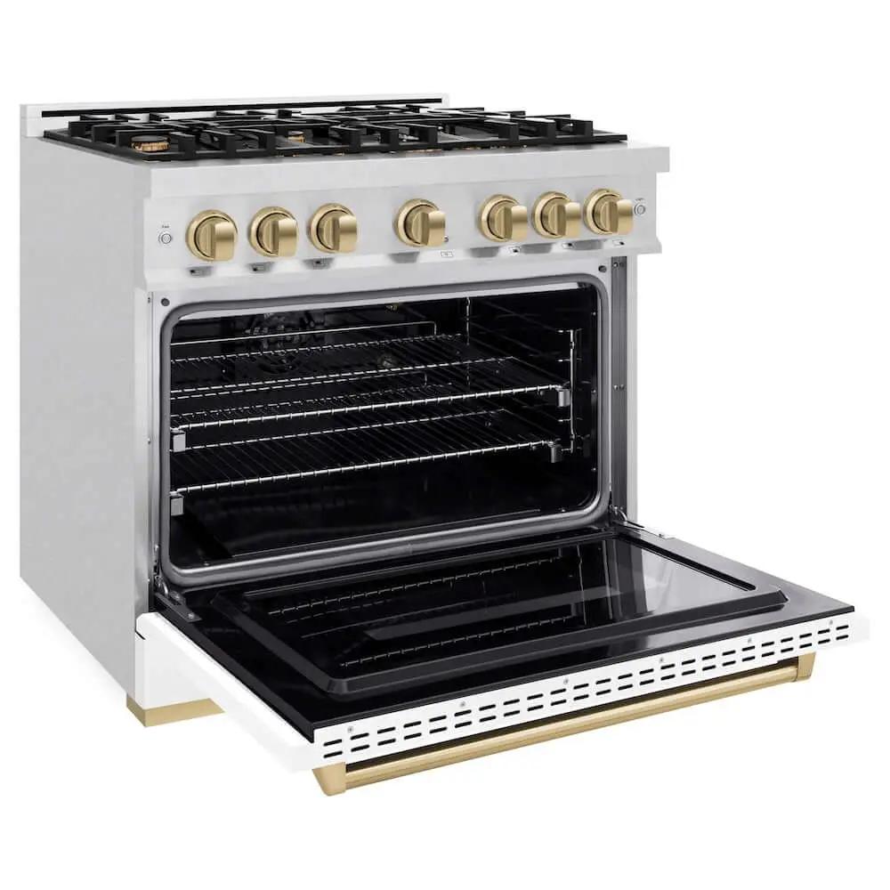 ZLINE 36"Classic Gas Range, Convection Gas Oven, DuraSnow® Stainless Steel, White Matte Door Champagne Bronze CGRSZ-WM-36-CB by Farmhouse Kitchen and Bath