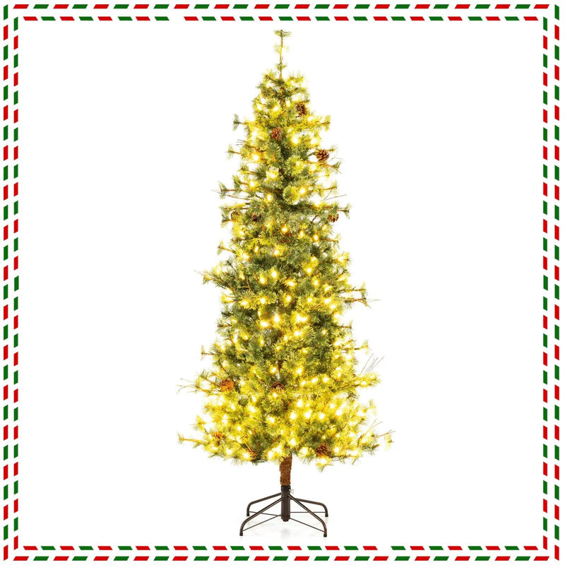 6/7/8 Feet Artificial Christmas Tree Pre-lit Hinged Xmas Tree with Warm White LED Lights and Pine Cones by DirectDeals