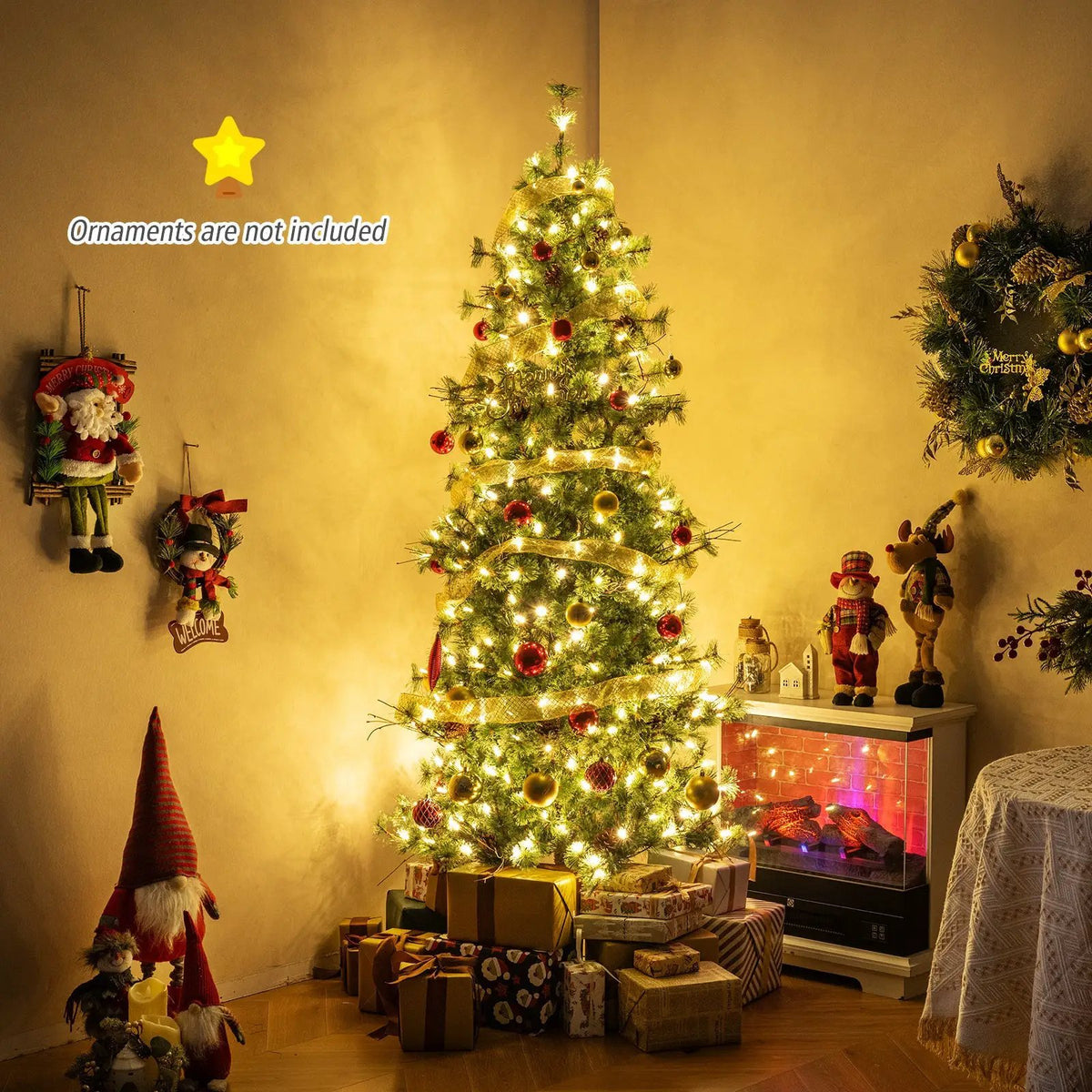 6/7/8 Feet Artificial Christmas Tree Pre-lit Hinged Xmas Tree with Warm White LED Lights and Pine Cones, photo 14 of 24