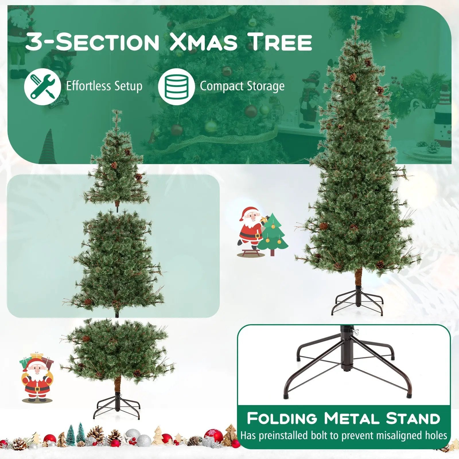 6/7/8 Feet Artificial Christmas Tree Pre-lit Hinged Xmas Tree with Warm White LED Lights and Pine Cones by DirectDeals